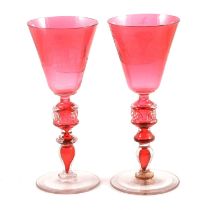 Pair of large Continental ruby and engraved glass goblets