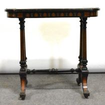 Victorian ebonised, yew wood and marquetry stretcher table