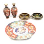 Two Imari chargers, pair of Japanese cloisonne vases and pair of bowls.