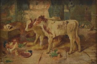 Follower of Edgar Hunt, Calves and chickens in a barn