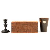 Small pine box, pair of ebony dwarf candlesticks, etc