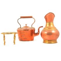 Collection of brass and copper ware, including a large copper pan