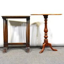 Nest of three oak occasional tables; Victorian stained wood tripod table with an oval top.