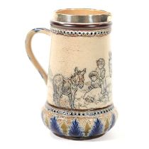 Doulton Lambeth, a silver-mounted and stoneware jug, incised by Hannah Barlow, 1881