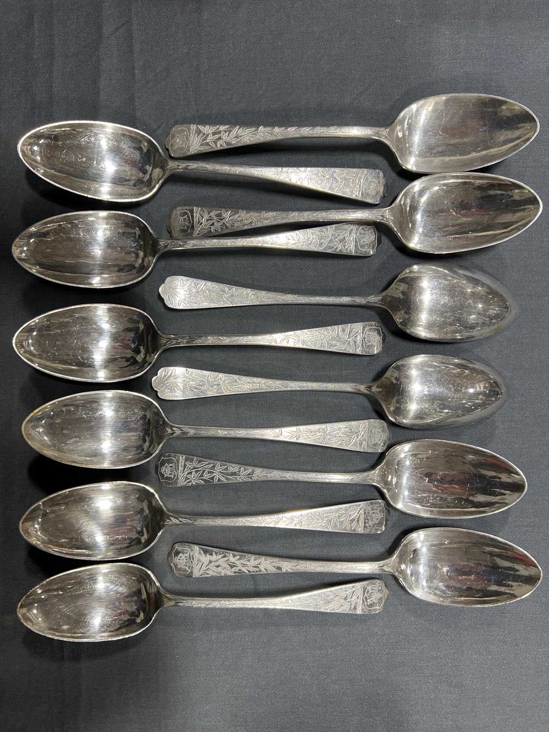 Harlequin set of Cantonese white metal cutlery, - Image 7 of 7