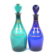 Two coloured glass decanters