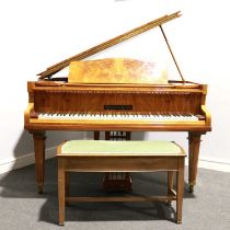 Figured walnut baby grand piano,