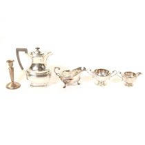 Silver milk jug and sugar bowl, weighted silver candlestick, plated hot water jug and sauce boat.