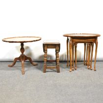 mahogany and beechwood pedestal coffee table, nest of tables and dropleaf table