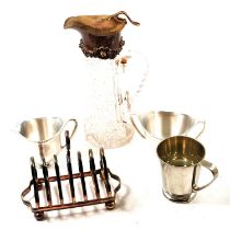Cut glass claret jug with silver mount (cracked and stapled), other silver plated wares.