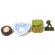 Mother-of-pearl and bone gaming tokens, alarm clocks, pill boxes and other collectables.