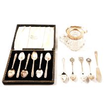 Cased set of six silver teaspoon, condiment set, mustard pot, silver spoons, napkin rings, small jug