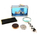 Box of assorted modern giftware, magnifying glasses, compacts, etc