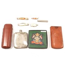 Silver cigar cutter, piercer, leather cigar holders, pens, and other collectables.