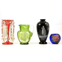 Collection of Mary Gregory style enamelled coloured glass and other glasswares
