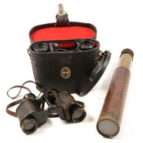 Leather bound telescope and binoculars,