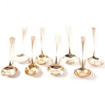 Set of four silver sauce ladles and two other pairs of silver sauce ladles,