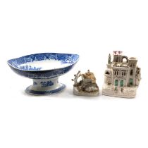 Caughley transferware pedestal dish and two Stafforshire cottages