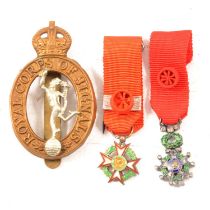 Two French miniature dress medals and a Signals cap badge,