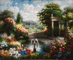 E Closson, Garden with fountain,