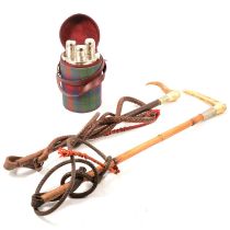 Swaine hunting whip with antler handle, another hunting whip, and hunting flask.