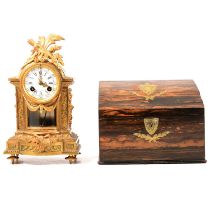 French gilt metal mantel clock and a coromandel correspondence box,