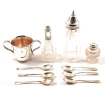Small silver cup, cutlery, etc.,