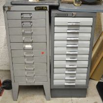 Two sets of steel tool drawers.