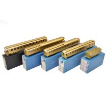 Five Brass HO gauge passenger coaches and freight wagons, boxed.