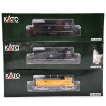 Three Kato HO gauge NW2 diesel locomotives, boxed