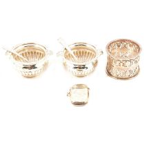 Pair of Victorian silver salts, Samuel Hardy, London 1895, and other small silver.