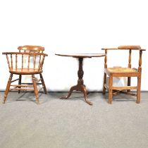 Victorian oak and elm corner chair, an elbow chair and an oak tripod table,