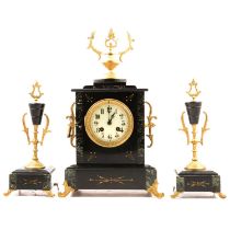 Victorian black marble mantel clock garniture,