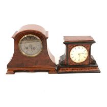 Yew wood and ebonised mantel clock, and a walnut cased mantel