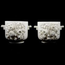 Pair of large blanc de chine floral jardinieres, in the style of Belleek