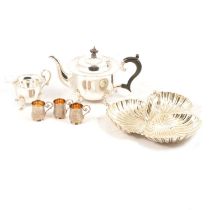 Mappin & Webb three-piece silver-plated teaset and other plated wares.