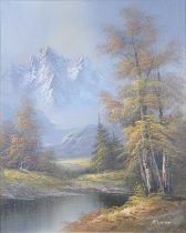 R Scott, Woodland and mountain landscape,