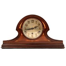 Inlaid mahogany mantel clock, silvered dial, Westminster striking movement on gongs, width 47cm.