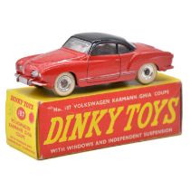 Dinky Toys model 187 Volkswagen Karmann Ghia Coupe, red body, black roof, boxed.