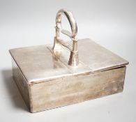 An Edwardian portable silver mounted two division cigar box, with patent action handle which when