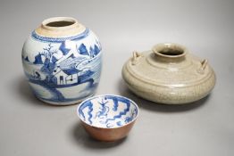 A Chinese celadon glazed censer, 20cm high, a blue and white jar and a bowl, jar 16cms high