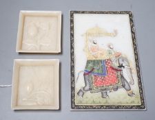 An Indian painted alabaster plaque and a pair of alabaster dishes, plaque 15cms high
