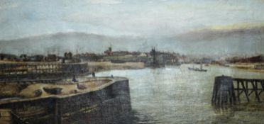 John Smith of Roker, oil on canvas laid on board, 'Sunderland Harbour', signed, 30 x 60cm