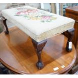 A George II style mahogany dressing stool with tapestry seat width 100cms, depth 50cms, height