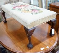 A George II style mahogany dressing stool with tapestry seat width 100cms, depth 50cms, height