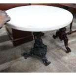 A Victorian style circular cast iron and reconstituted marble top occasional table, diameter 75cm,