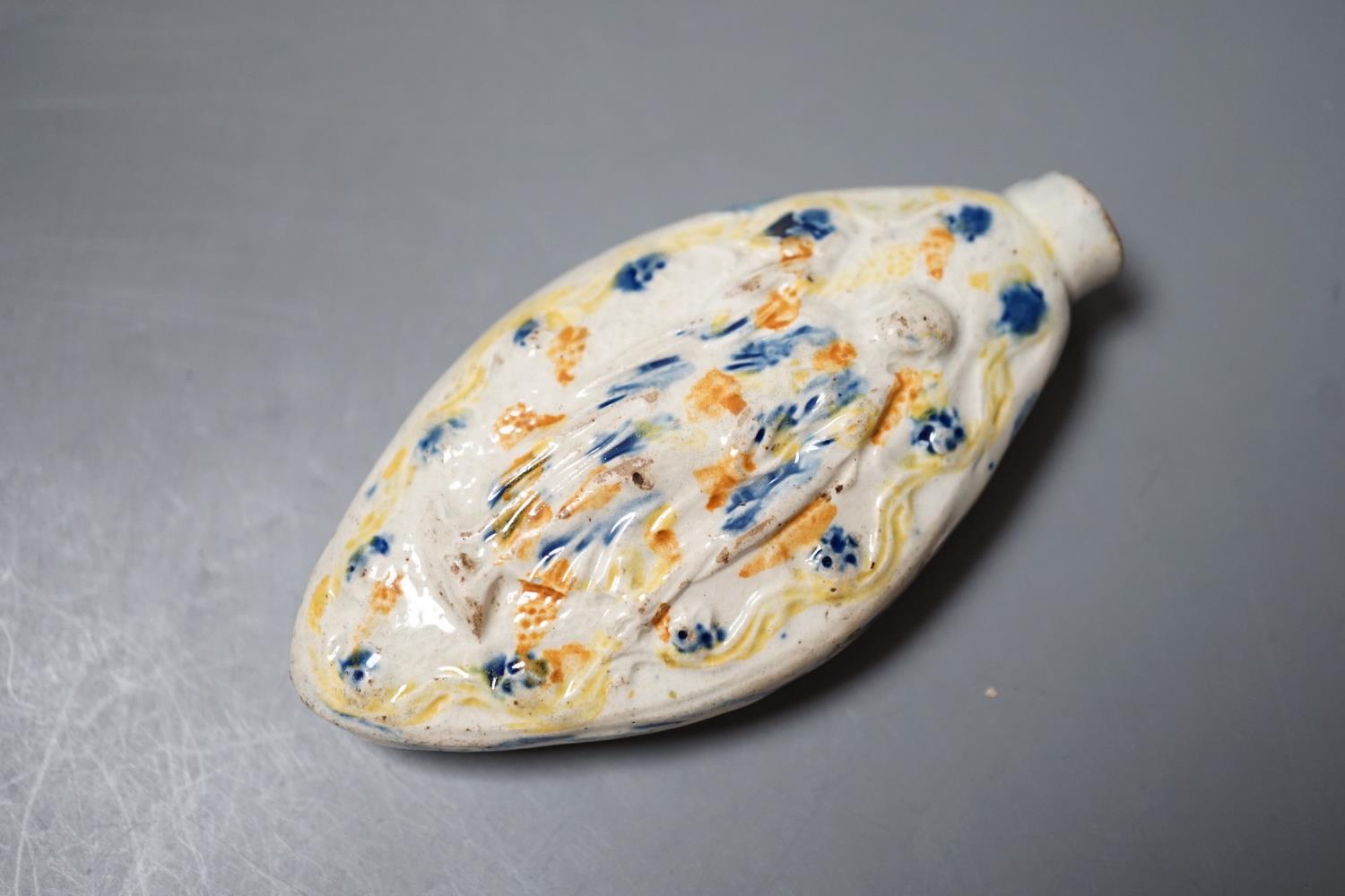 A late 18th century Prattware scent flask with figural decoration, c.1790-1800. 9cm long - Image 3 of 4