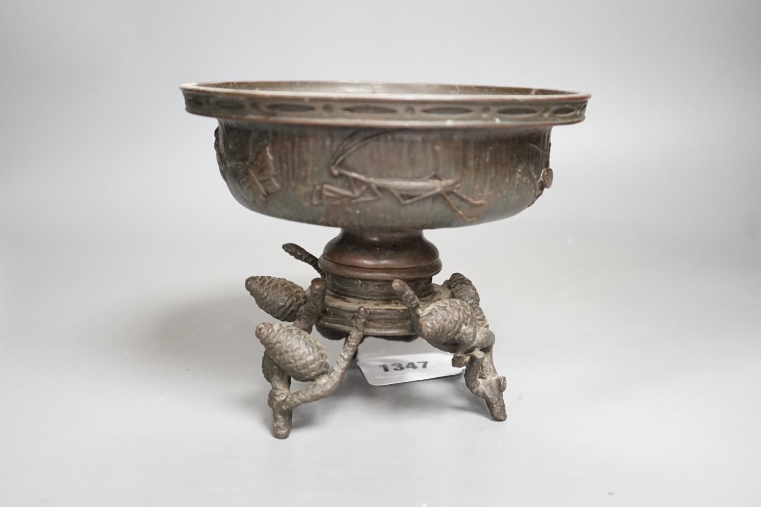 A Japanese Meiji period bronze censer decorated with insects, on a pinecone base, signed. Height - Image 3 of 6