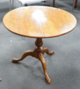 A Victorian circular satin birch tilt top tea table with bird cage action, diameter 84cm, height
