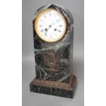 A 19th century French bronze mounted dome topped, green marble mantel clock, the enamel dial
